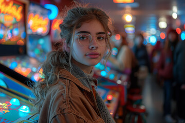 Obraz premium A group of friends gathered around a tabletop arcade game, reliving the arcade culture of the 1980s. Concept of nostalgic gaming nostalgia. Generative Ai.