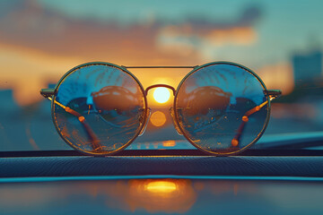 A pair of classic Wayfarer sunglasses perched on a sun-drenched dashboard, embodying the cool style...