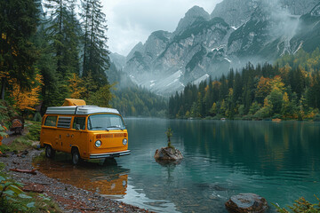 A vintage camper van parked beside a tranquil lake, offering a glimpse into the nomadic lifestyle of the 1970s. Concept of nostalgic camping culture. Generative Ai.