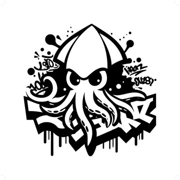 Squid silhouette, animal graffiti tag, hip hop, street art typography illustration.