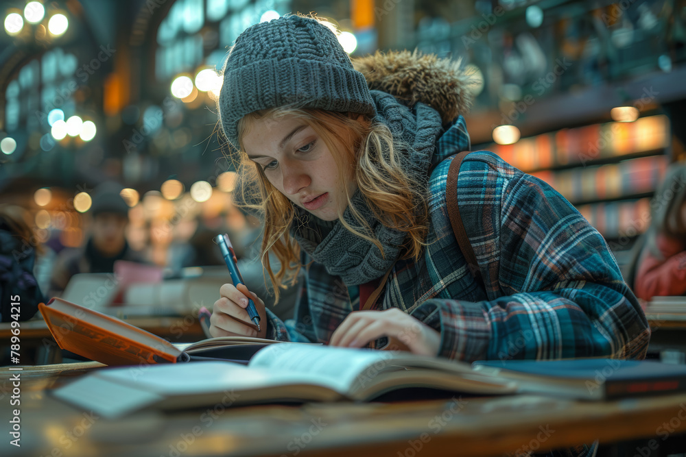 Poster a student flipping through textbooks and taking notes, illustrating the dedication and diligence req