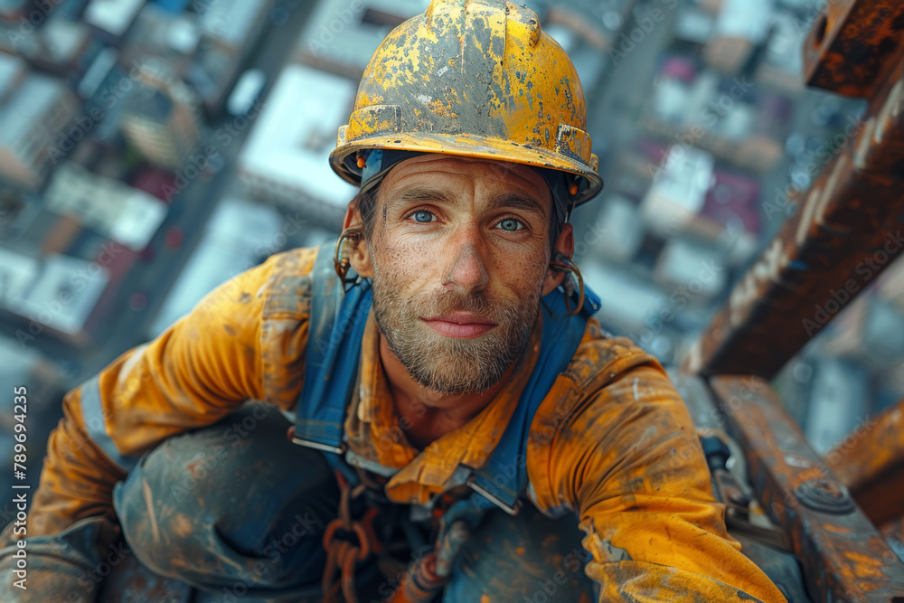 Poster a construction worker laying bricks on a skyscraper, demonstrating the incremental progress and cons