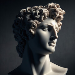 Portrait of a plaster statue of Apollo isolated on black. Gypsum statue of Apollo's bust. Greek god statue. Male statue of a Roman deity, muscular Apollo in Olympus.