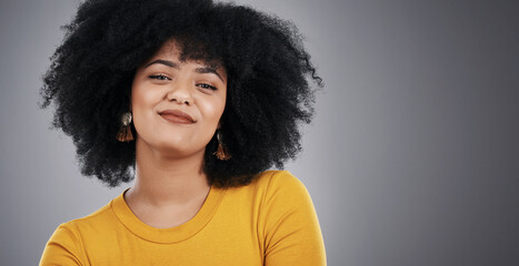 Woman, afro and portrait of fashion, smile and clothes for style, confidence and happiness for...