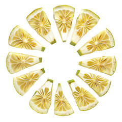 Sliced breadfruit arranged in a symmetrical pattern on isolated white background