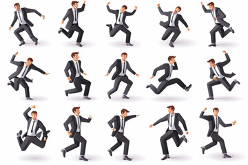 Fototapeta na wymiar Set of character a businessman in different situations. The man is shocked, goes to work, happy and jumped 3D avatars set vector icon, white background, black colour icon