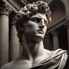 Portrait of a plaster statue of Apollo isolated on black. Gypsum statue of Apollo's bust. Greek god statue. Male statue of a Roman deity, muscular Apollo in Olympus.