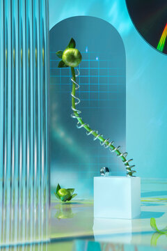 Futuristic world with surreal plant growing in contemporary setting