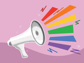 loudspeaker with lgbt rainbow happy pride month , illustration megaphone in magazine style  pink background