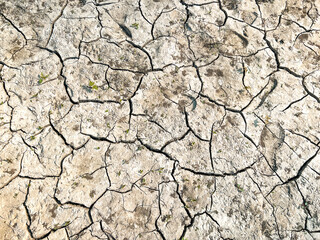 Overhead view of dry, cracked soil. Drought conditions have caused water to recede on a riverbed, creating arid conditions in the soil.