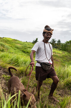 Local filipino volunteer walking street dogs on tropical path