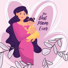 Feliz dia de la madre.Eres la mejor mama por siempre,greeting card Vector banner with pink en fondo rosa con flores ilustradas,poster y web