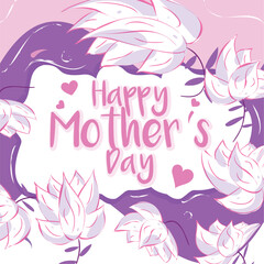 Fototapeta na wymiar Happy mother's day illustrated card with pink flowers on purple background, printable and web banner