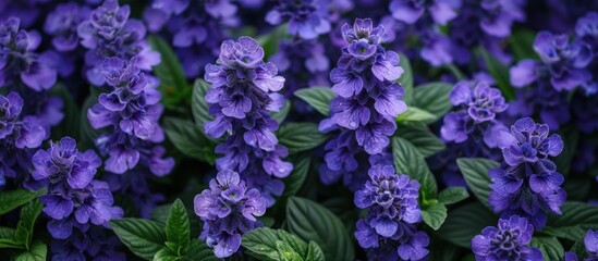 Obraz premium Cluster of Purple Flowers With Green Leaves