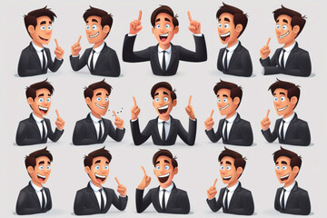 Set of character happy man. A businessman is talking on the phone, reading a book, rejoicing, looking at the time, stop gesture. 3D avatars set vector icon, white background, black colour icon