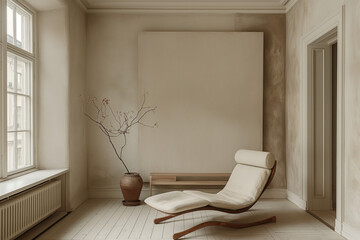 Stylish Stockholm studio apartment with spatial harmony, soft lighting and neutral colors, featuring minimalist design and wood textures.