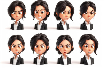 Set of character business woman expressing negative emotions. Displeased, angry girl. Headache, stop gesture 3D avatars set vector icon, white background, black colour icon
