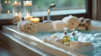 Foto op Plexiglas A luxurious bathroom with a large inviting tub and a tray of massage oils and lotions set up on the counter. The caption reads Continue the relaxation after your massage 2d flat cartoon. © Justlight
