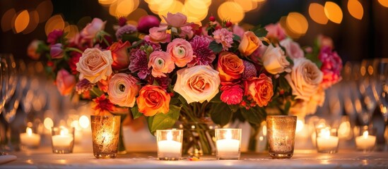Candles and Flowers Adorning Table - obrazy, fototapety, plakaty