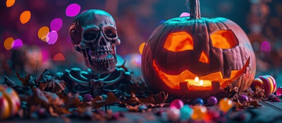 Skeleton and carved pumpkin Halloween theme