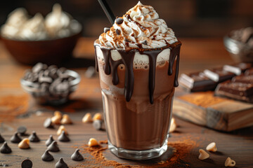 A decadent chocolate milkshake, topped with whipped cream, chocolate drizzle, and a sprinkling of chocolate chips for indulgent dessert bliss. Concept of sweet satisfaction. Generative Ai.