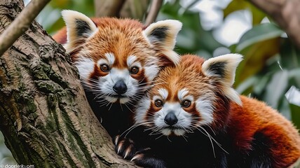 A pair of red pandas nestled in a tree, their vibrant fur contrasting beautifully with the lush green foliage.