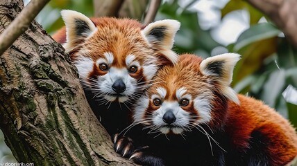 A pair of red pandas nestled in a tree, their vibrant fur contrasting beautifully with the lush green foliage.