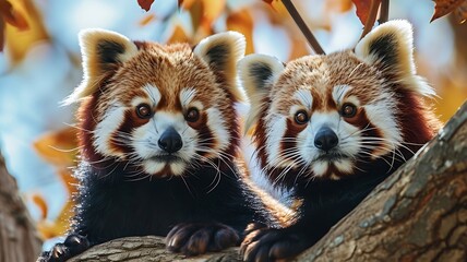 A pair of red pandas nestled in a tree, their vibrant fur contrasting beautifully with the lush green foliage.