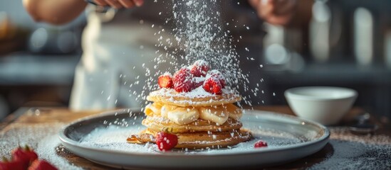 Person Sprinkling Sugar on Pancake Stack