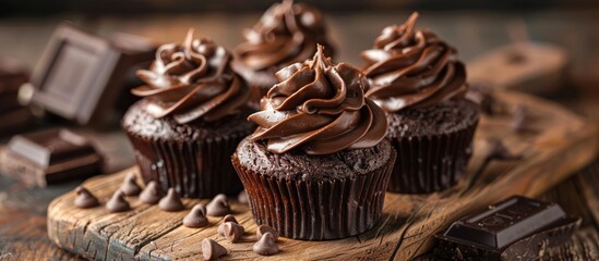 Chocolate Cupcakes With Chocolate Frosting on Wooden Board