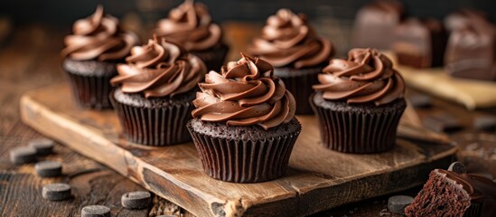 Chocolate Cupcakes With Chocolate Frosting on Cutting Board