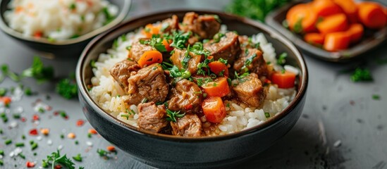 Fototapeta premium Close-Up of bowl of rice with meat and carrots on a table