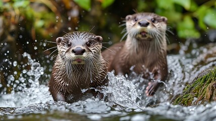 Fototapeta premium A pair of otters playing joyfully in a river, their sleek bodies darting through the water with playful abandon.