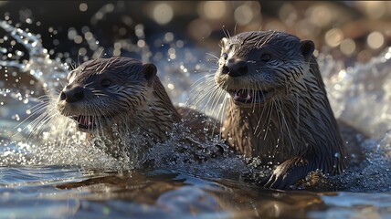 A pair of otters playing joyfully in a river, their sleek bodies darting through the water with playful abandon.
