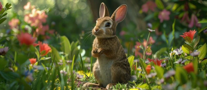 Rabbit Sitting in Field of Flowers