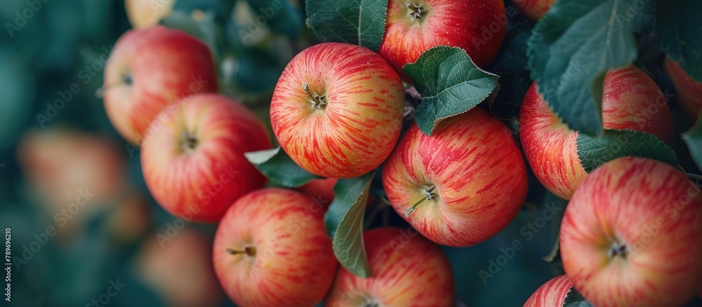 Poster cluster of red apples hanging from tree