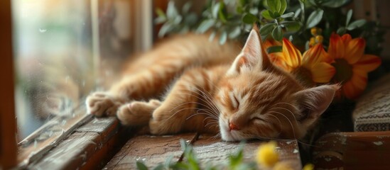 Cat Sleeping on Window Sill by Flowers - Powered by Adobe
