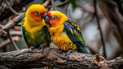 Obraz premium A pair of lovebirds nestled together on a branch, their colorful feathers glowing in the warmth of the afternoon sun.