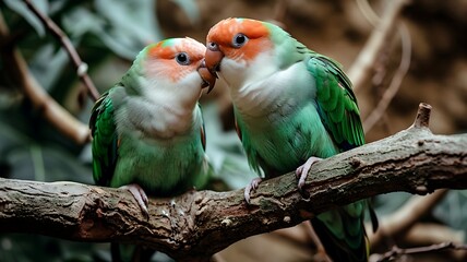 A pair of lovebirds nestled together on a branch, their colorful feathers glowing in the warmth of the afternoon sun.