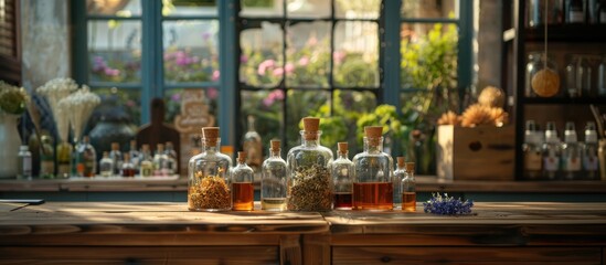 Table Covered With Bottles of Liquid