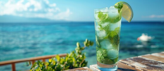 Refreshing mojito glass on a wooden table with an ocean background