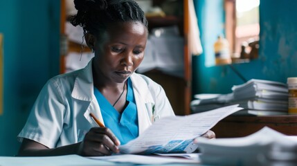 A midwife sits at a desk meticulously studying medical charts and records determined to provide the best care for expectant mothers. The determination and focus in her eyes highlights .