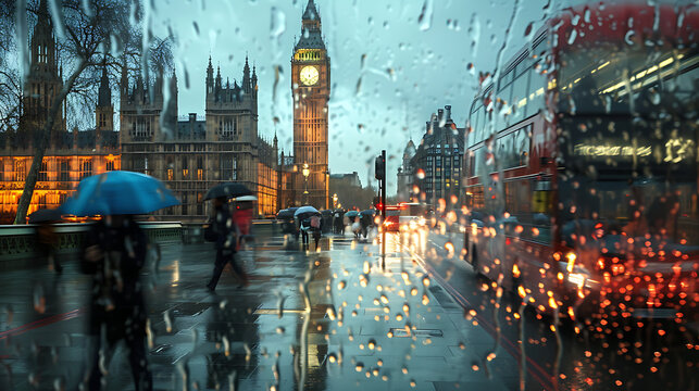 A moody image capturing a rainy day in London. Raindrops cascade down from the sky, creating a misty veil over the city streets and landmarks.