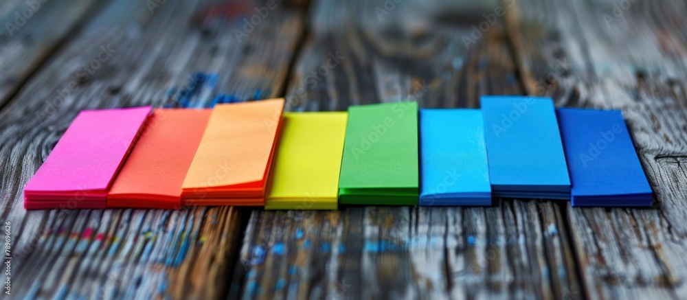 Poster vibrant array of sticky notes on wooden table