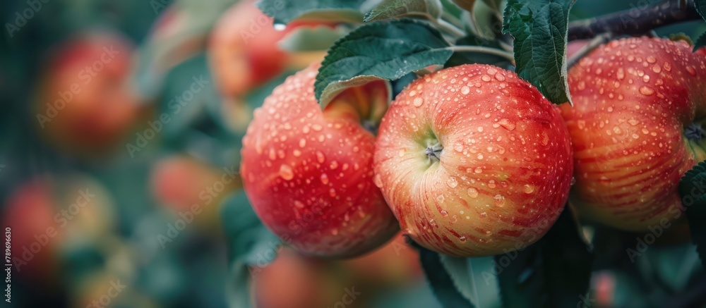 Poster group of red apples hanging from tree branch