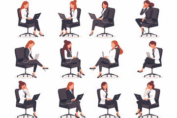 Set of character of a business woman sitting in a chair. A girl employee in an armchair uses a tablet and a phone, rests, drinks coffee 3D avatars set vector icon, white background, black colour icon