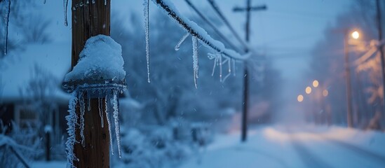 icicles on snow-covered electric wires.  - obrazy, fototapety, plakaty