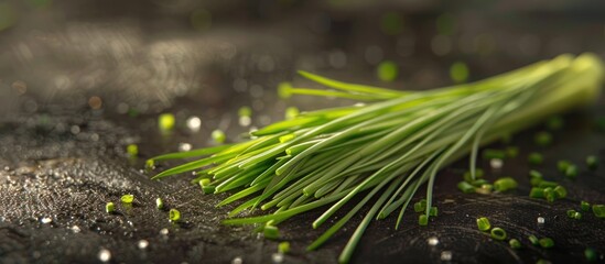 Close-up of a bunch of grass or chives on the table - obrazy, fototapety, plakaty
