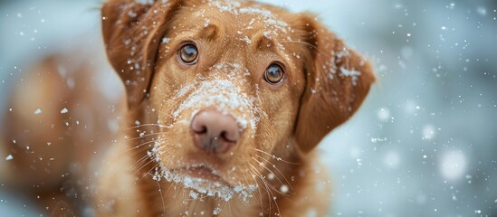 Fawn-Colored Dog Playing in Snow - obrazy, fototapety, plakaty