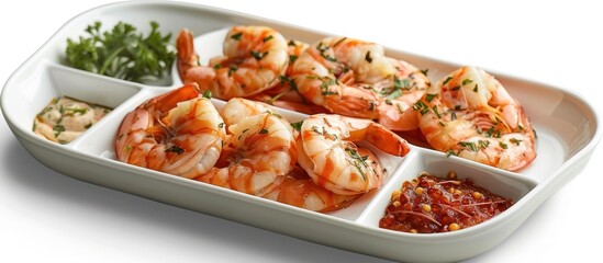 Fototapeta na wymiar Northern shrimp that have been boiled and peeled. Food on White Tray